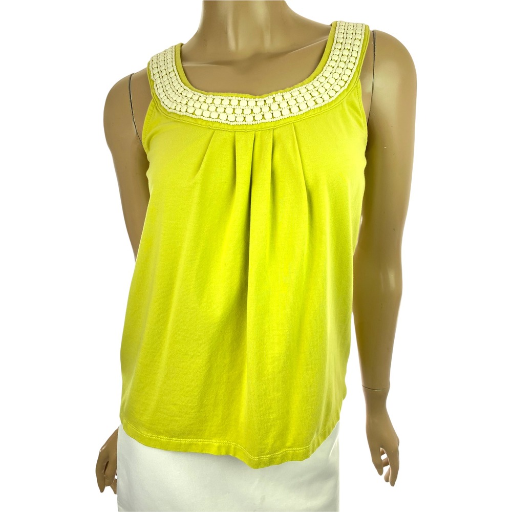 Talbots Size PXS Light Green/Yelow Sleeveless Top Blouse White Beads at Neckline